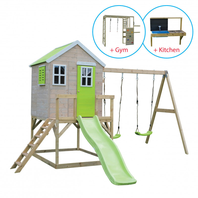 Casuta de gradina Lime Lodge cu platforma, tobogan si leagan dublu (M28L), Wendi Toys